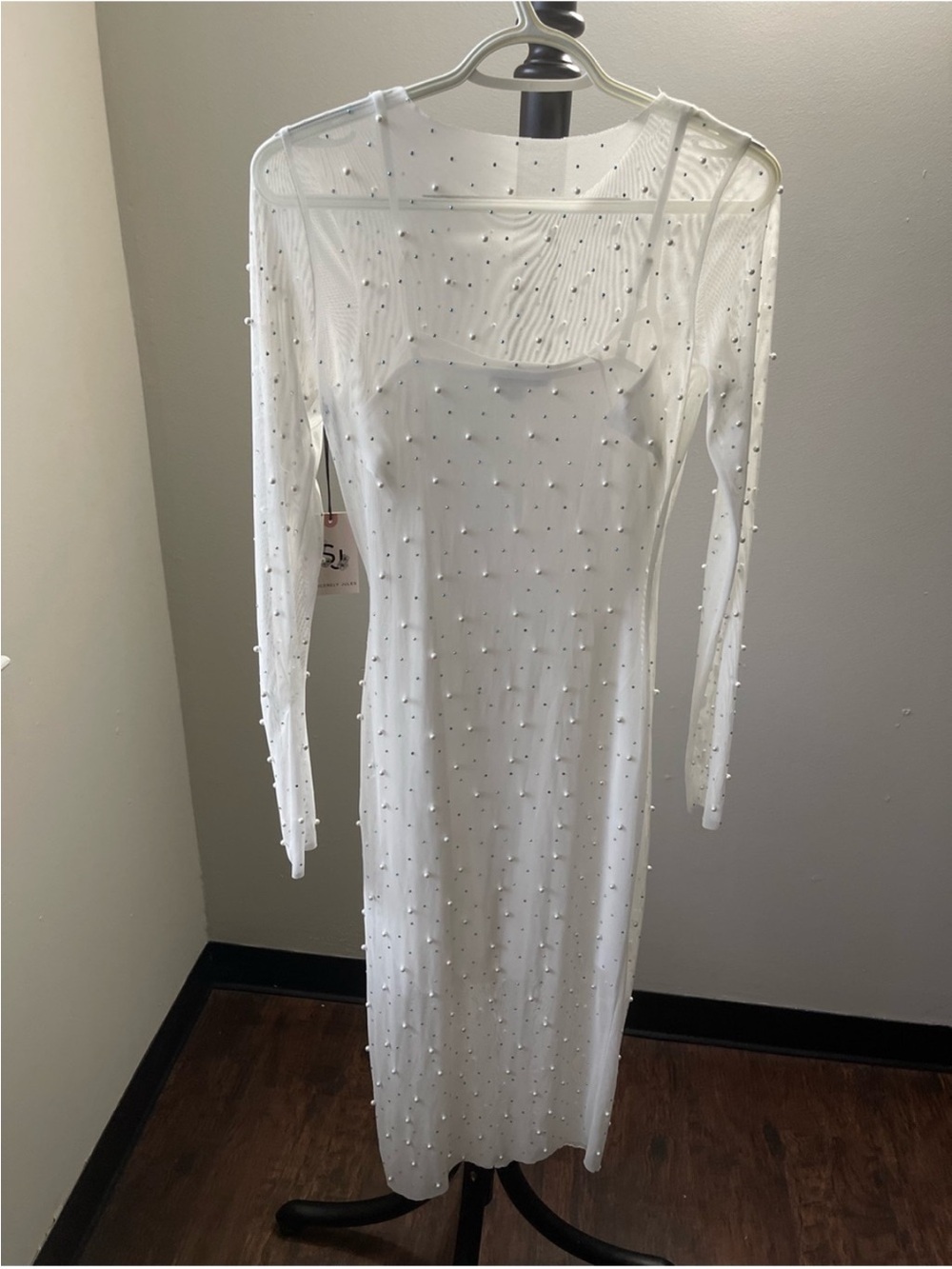 Sincerely Jules White Long-Sleeve Pearl-Studded Midi Dress